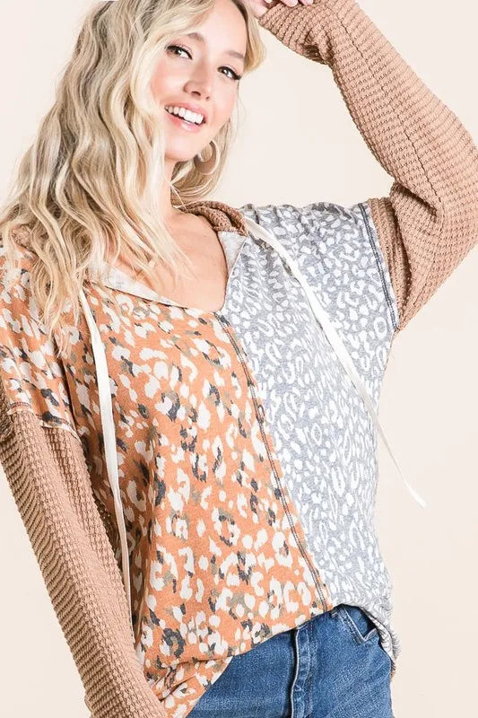 Popcorn Waffle Knit Hoodie with Print Block Front