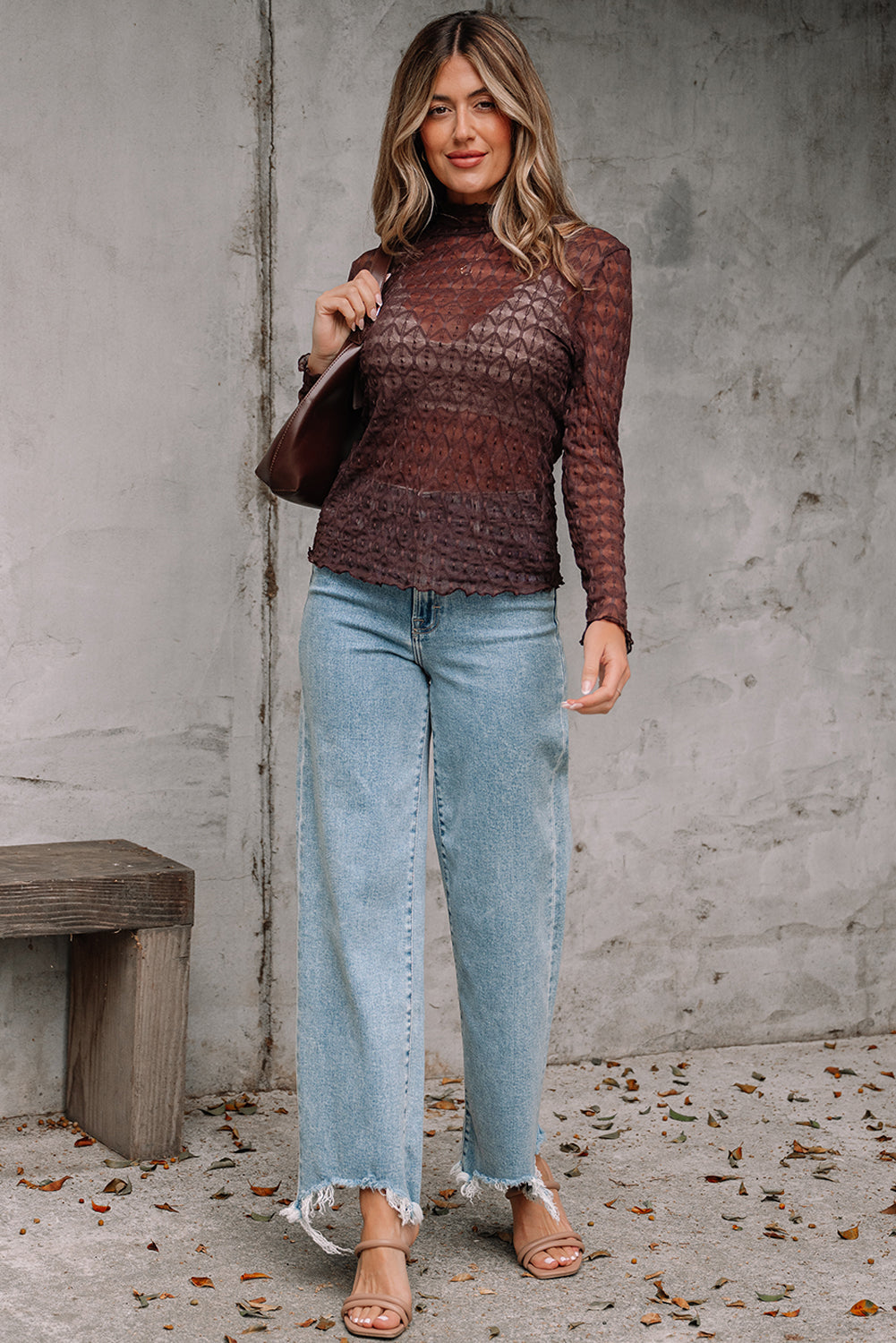 Coffee Sheer Mesh Patterned Lettuce Trim Slim Long Sleeve Top