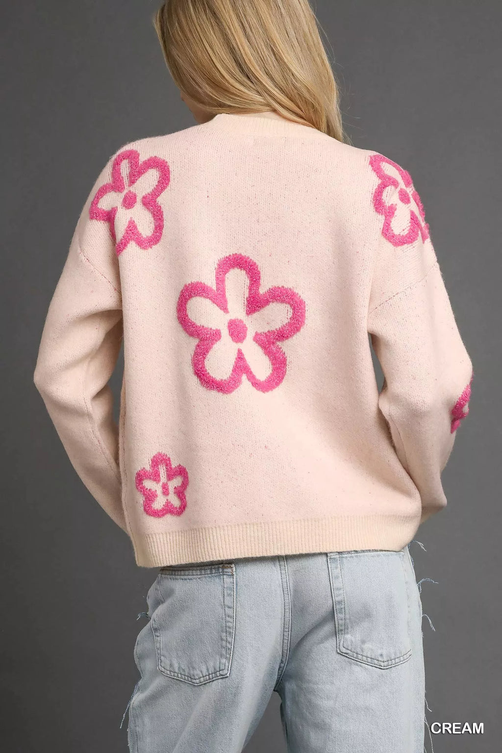 Round Neck Sweater with Pink Floral Accents