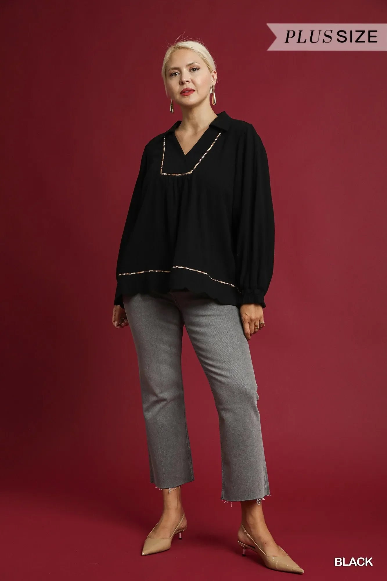 Full Size Linen Scallop Hem Blouse with Contrast Trim Plus Size