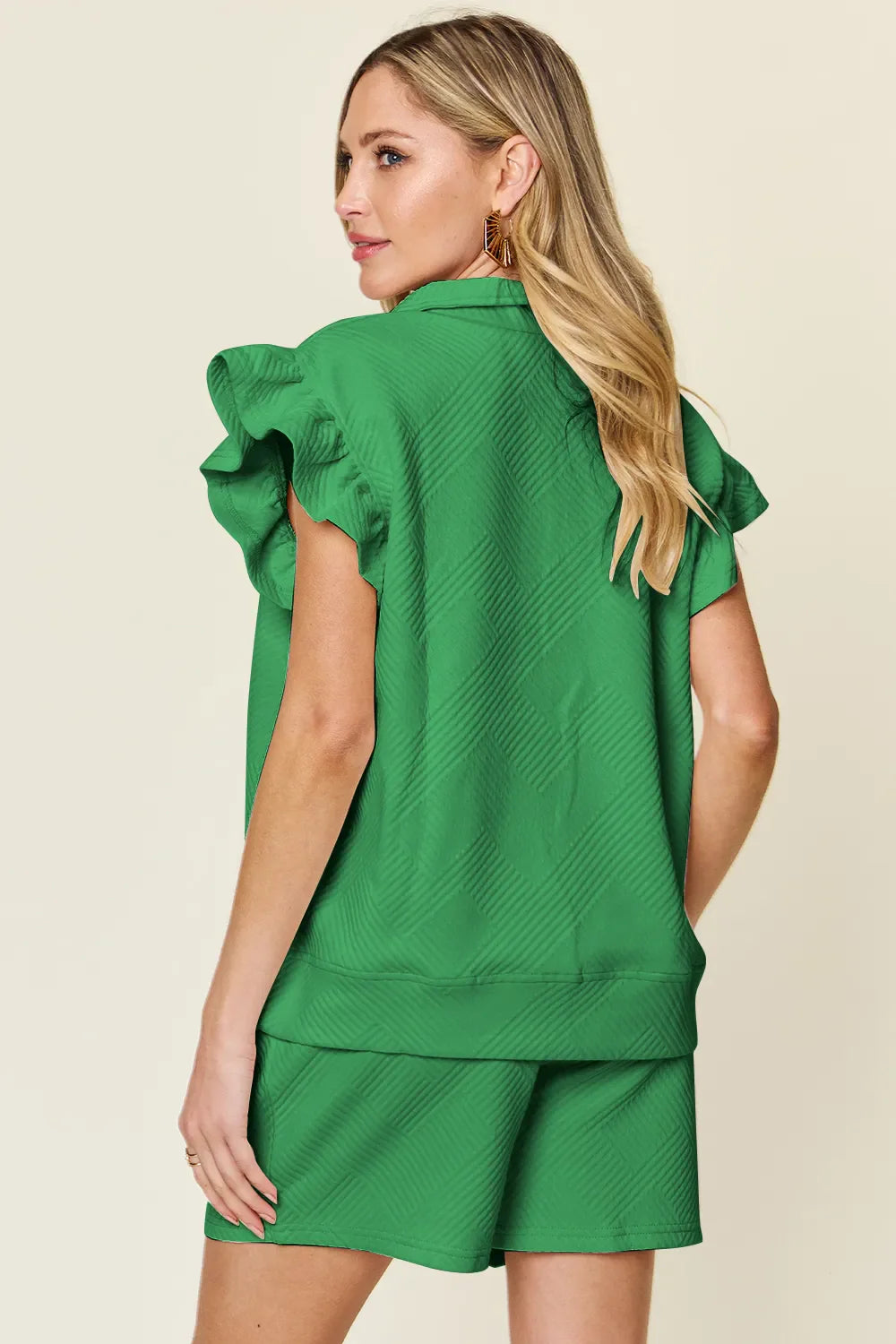I am a Fashion Junky Full Size Texture Flounce Sleeve Top and Drawstring Shorts Set