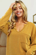 Wavy Two Tone Rib Notch Neck Patch Pocket Top