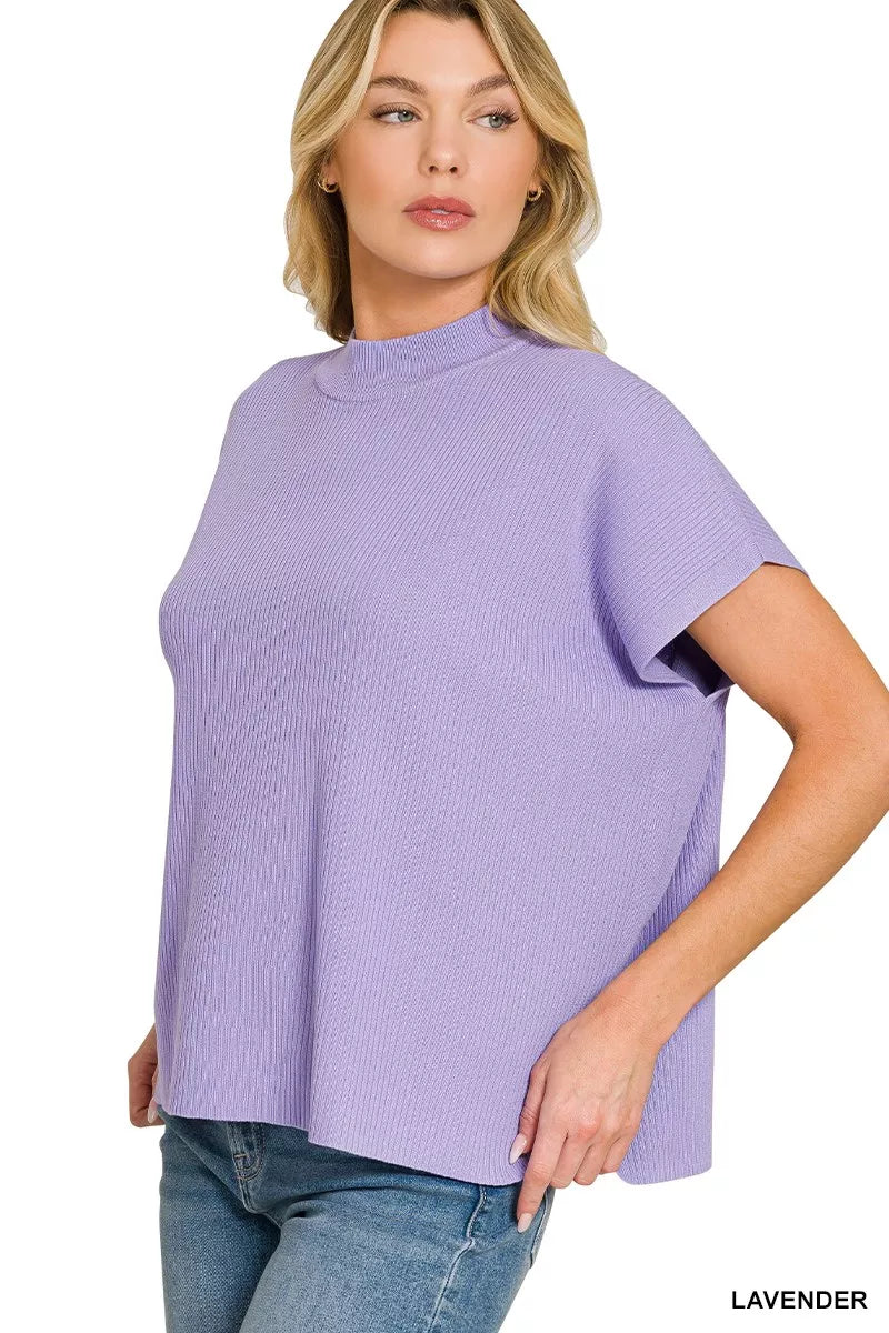 Viscose Mock Neck Short Sleeve Boxy Sweater