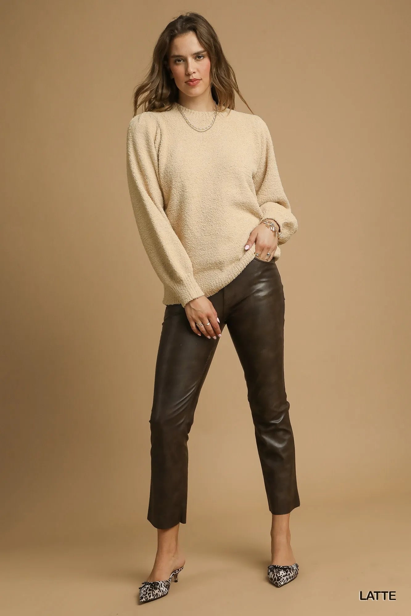 Textured Long Sleeve Sweater with Ribbed Trim