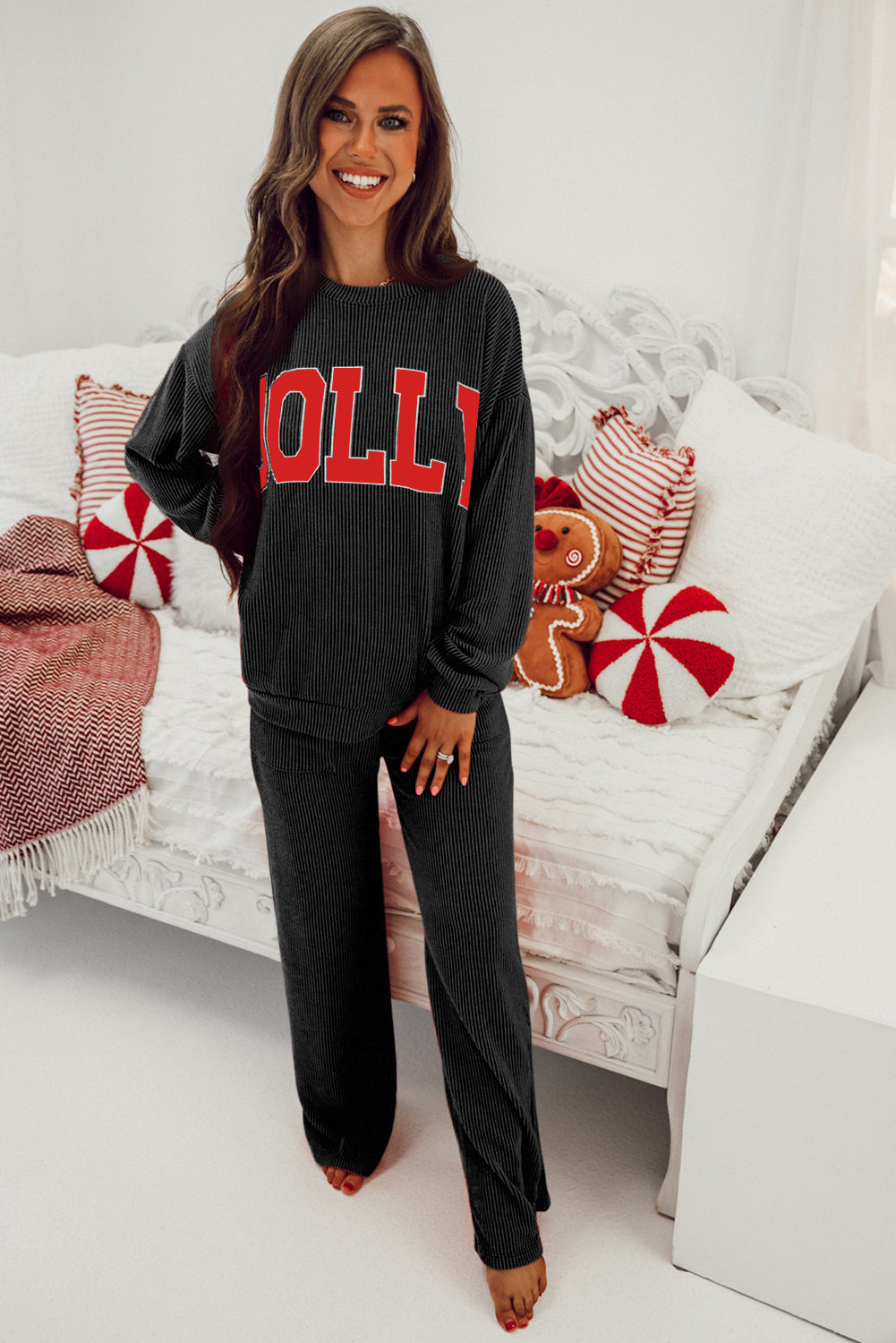 Black JOLLY Corded Long Sleeve Top and Pockets Pants Set