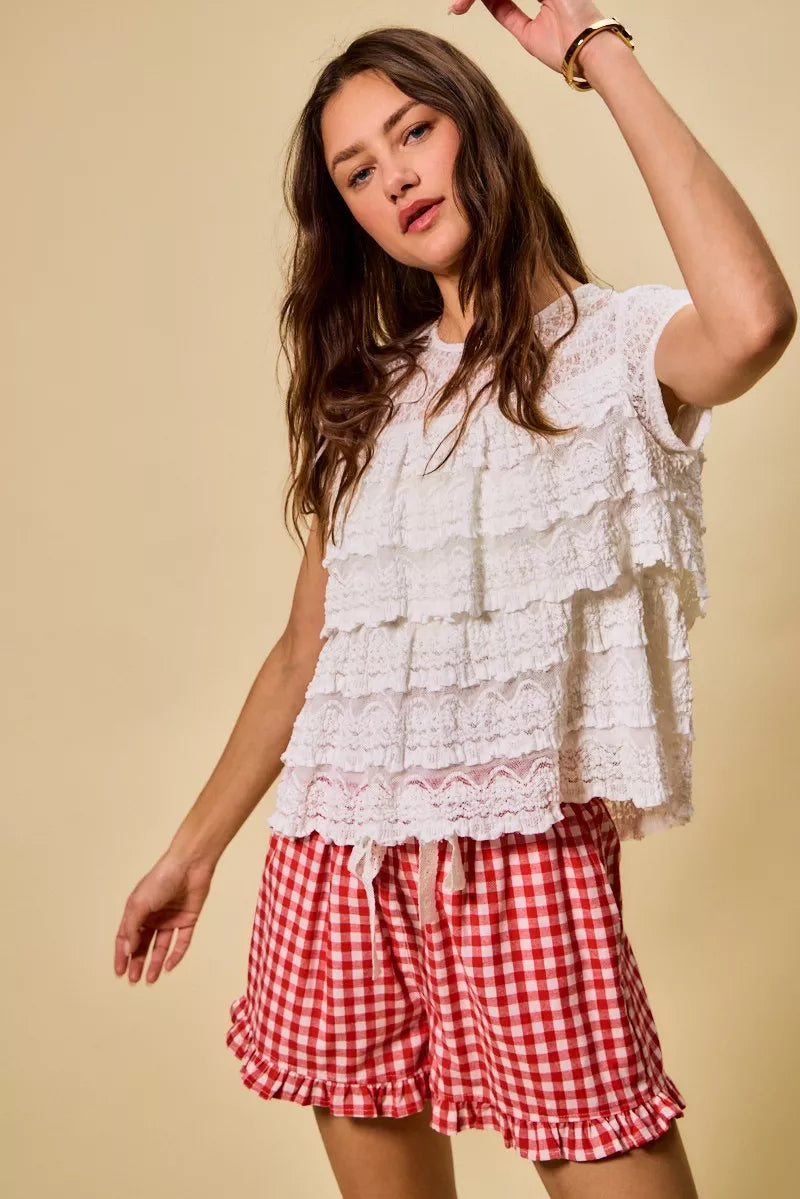 Ruffle Tiered Stretch Lace Short Sleeves Knit Top