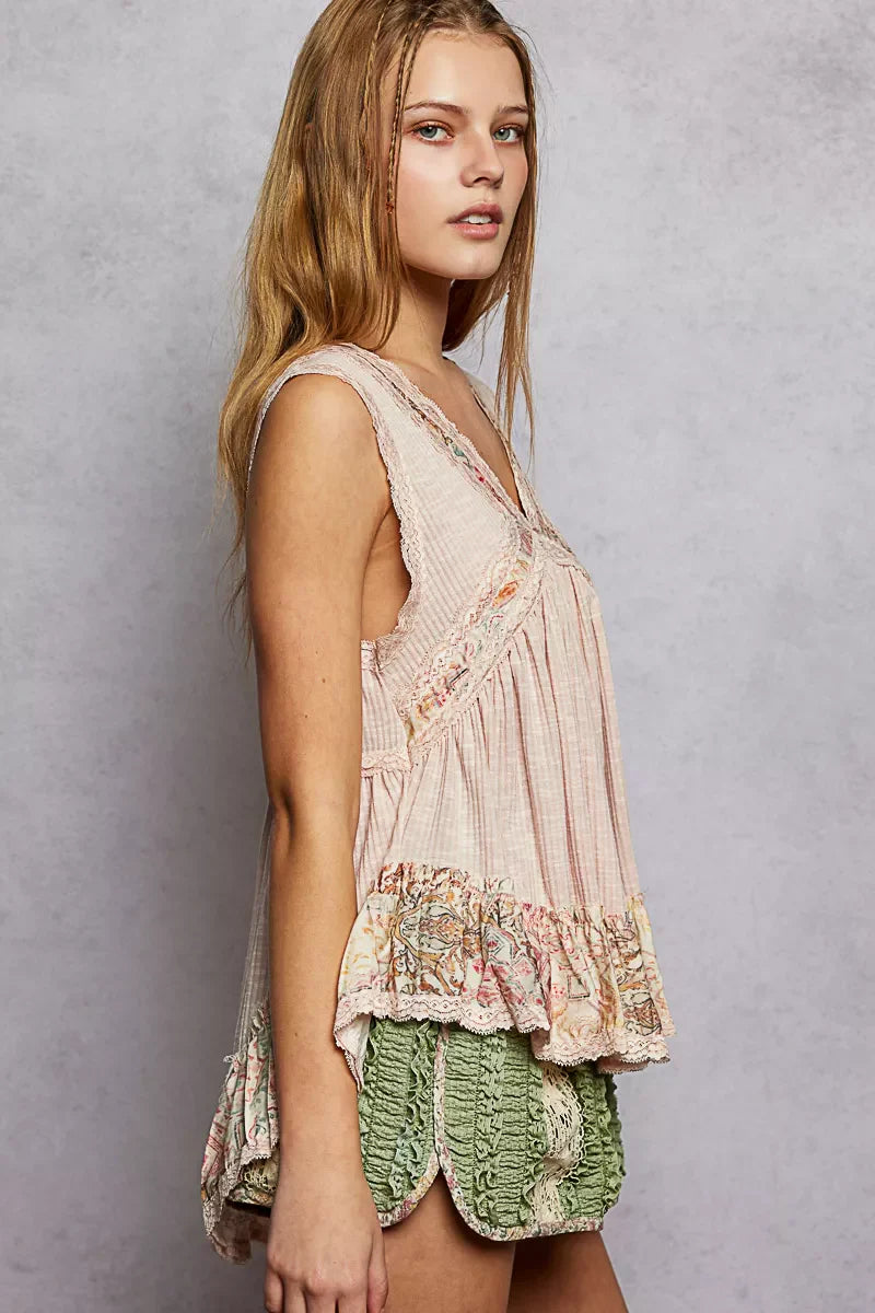 Lace Detail Ruffled Ribbed Sleeveless Top with Floral Pattern Trim Detail