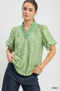 Printed Puff Sleeve Ruffle Neck Top