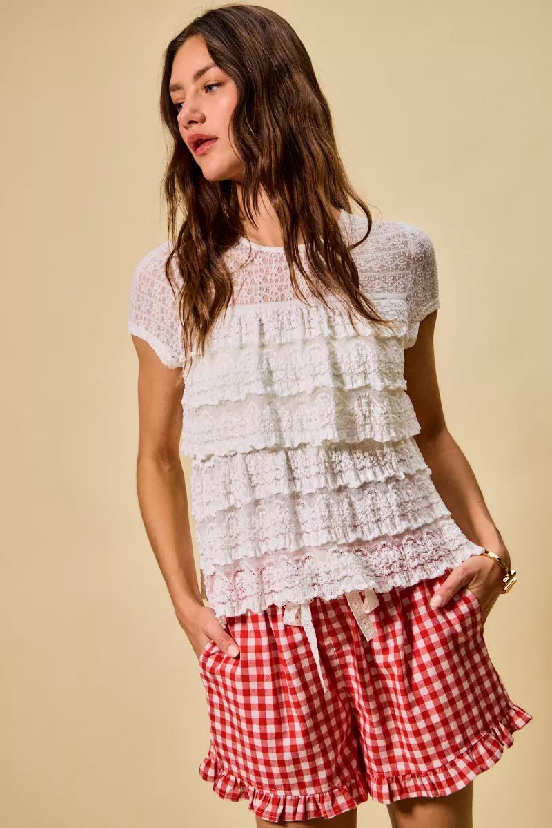 Ruffle Tiered Stretch Lace Short Sleeves Knit Top
