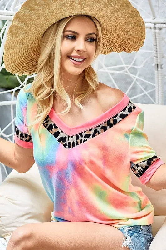 Rainbow Tie-Dye Leopard Trim V-Neck T-Shirt