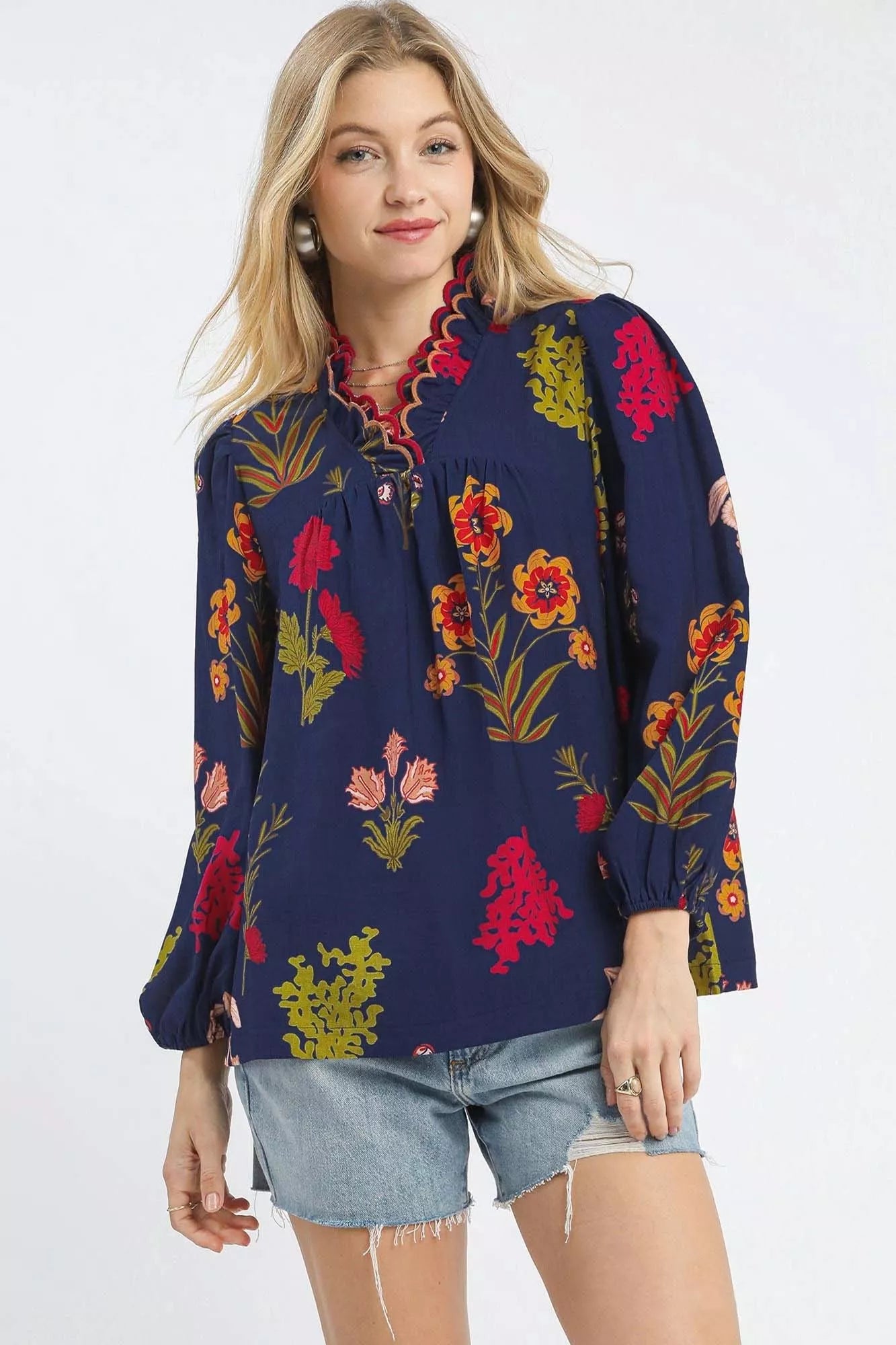 Flower Print Blouse with Scalloped Neckline
