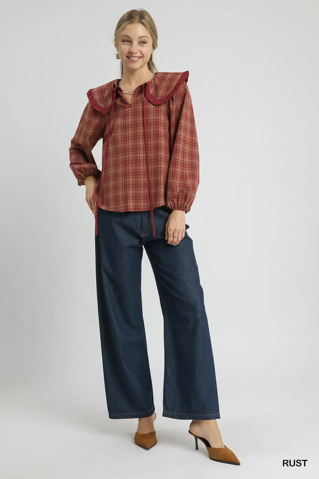 Full Size Plaid Ruffle Collar Blouse Plus Size
