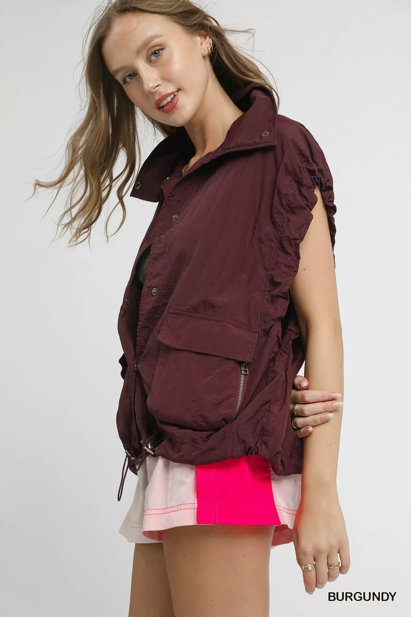 Drawstring Hem Nylon Vest with Pockets