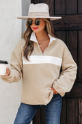 Parchment Fleece Colorblock Patchwork Zipped Neck Pullover Sweatshirt