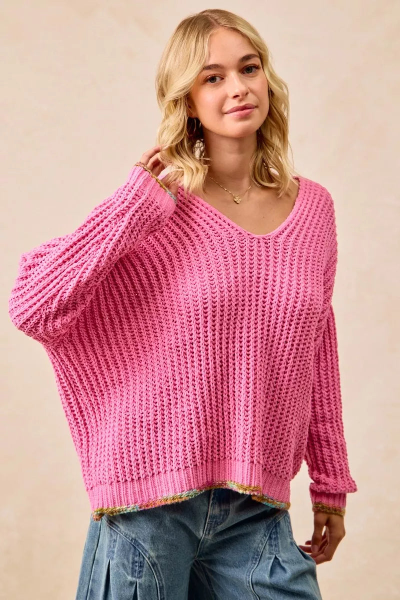 V-Neck Sweater with Colorful Trim