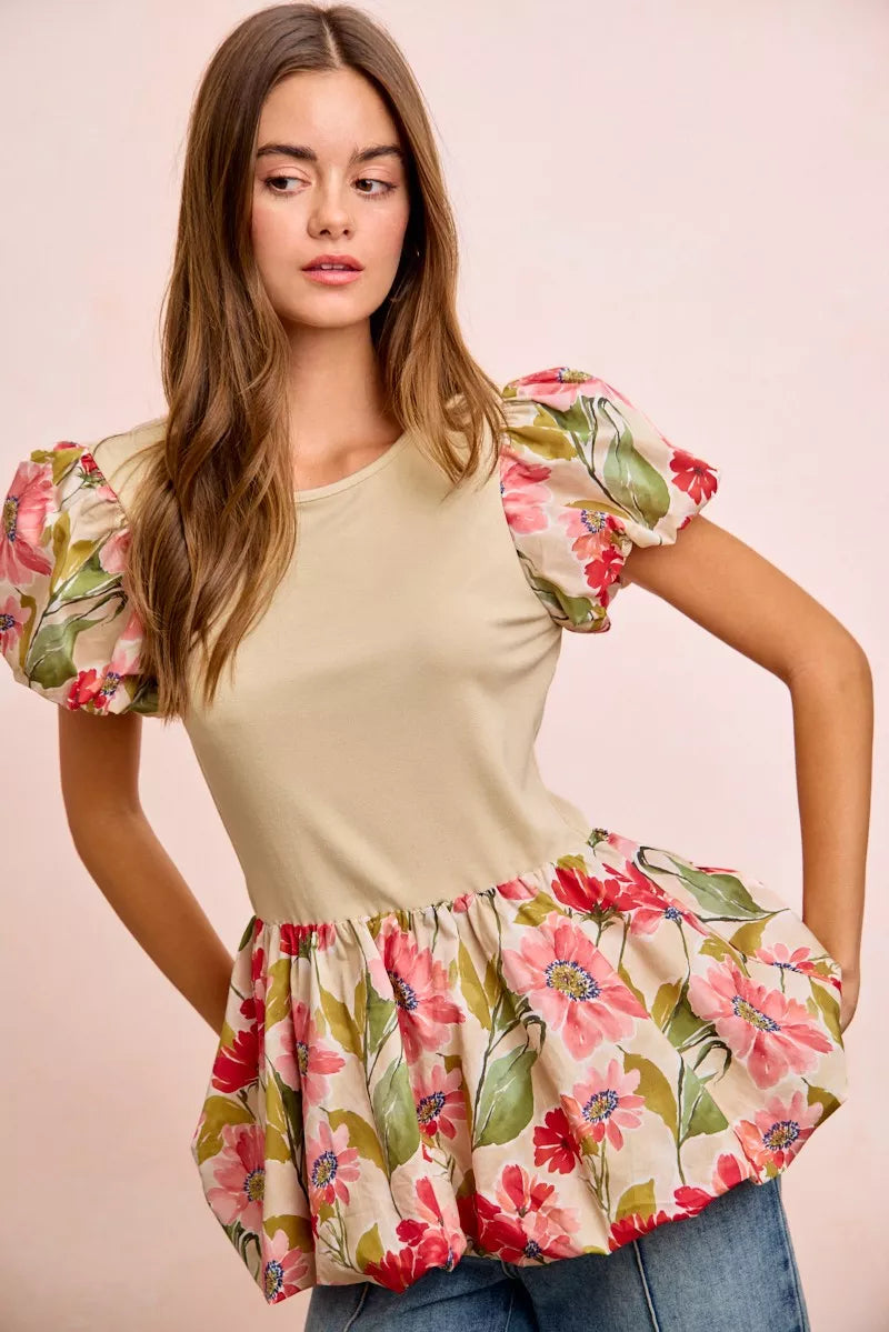 Floral Printed Bubble Sleeves and Hem Peplum Top