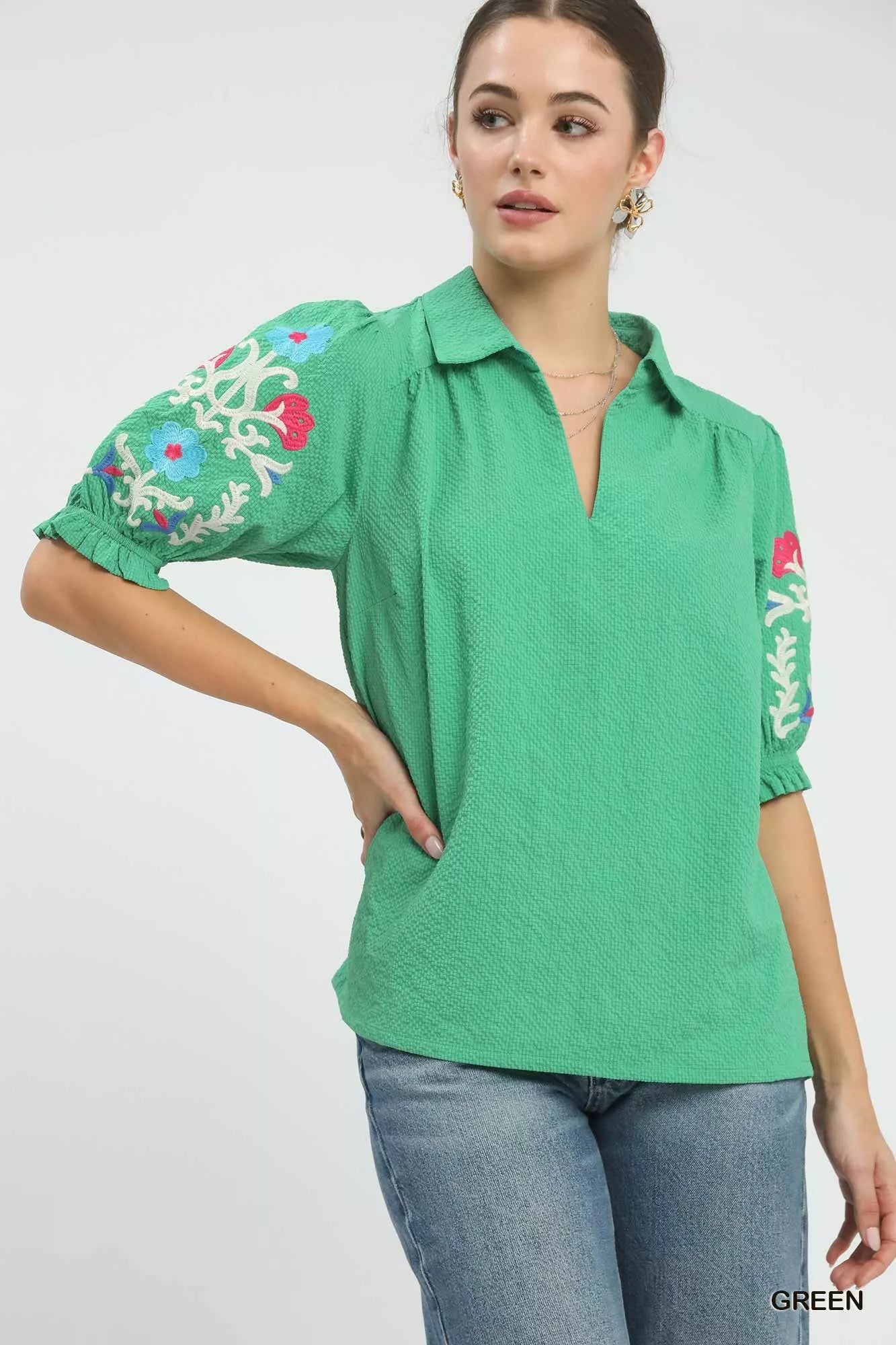 Seersucker Embroidered Sleeve Blouse
