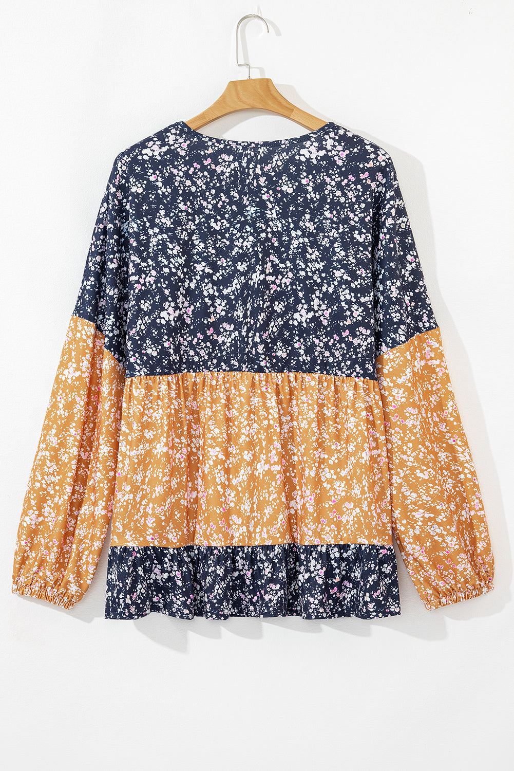 Orange Ditsy Floral Color Block Ruffle Hem Long Sleeve Top