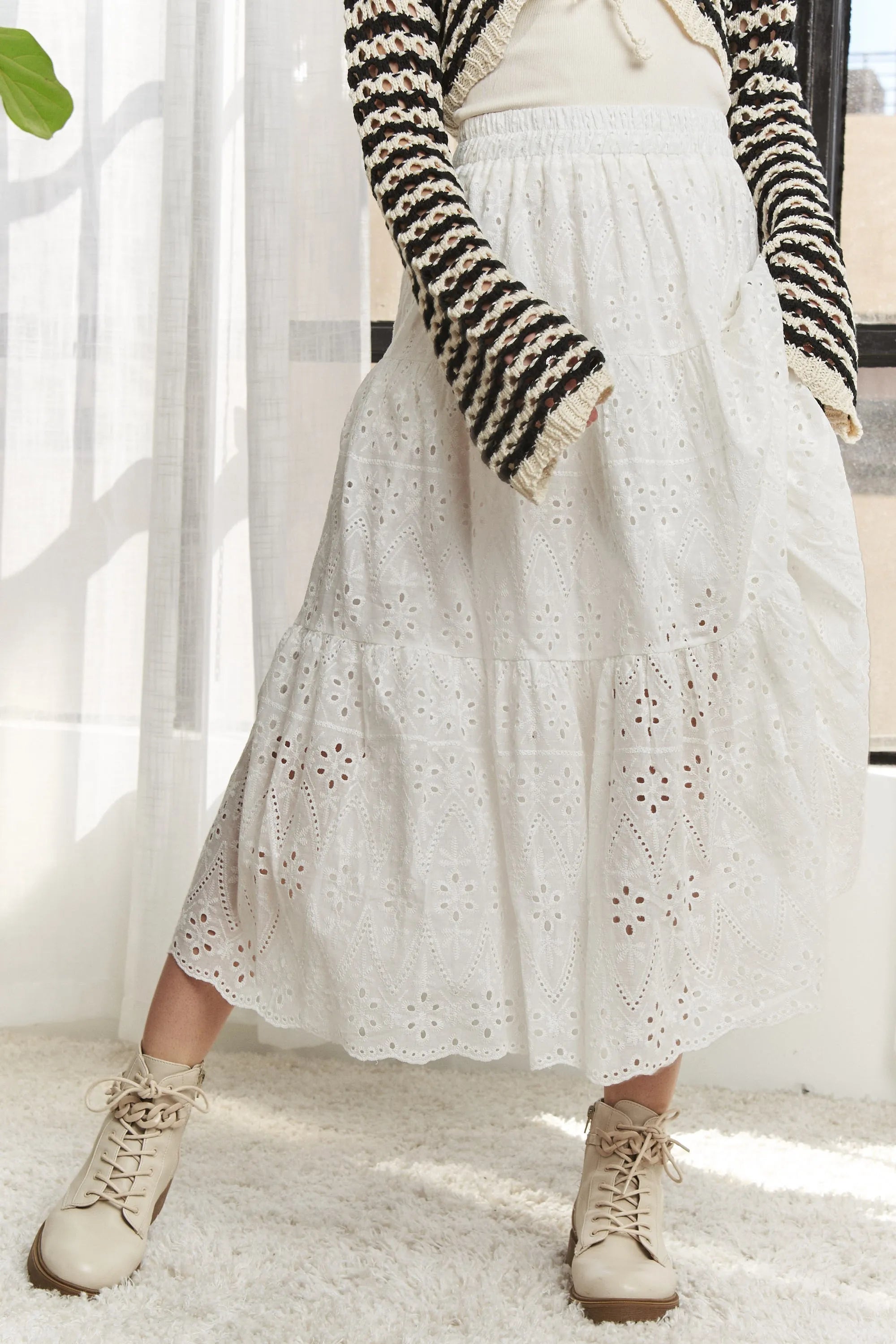 Elastic Waistband Tiered Midi Skirt