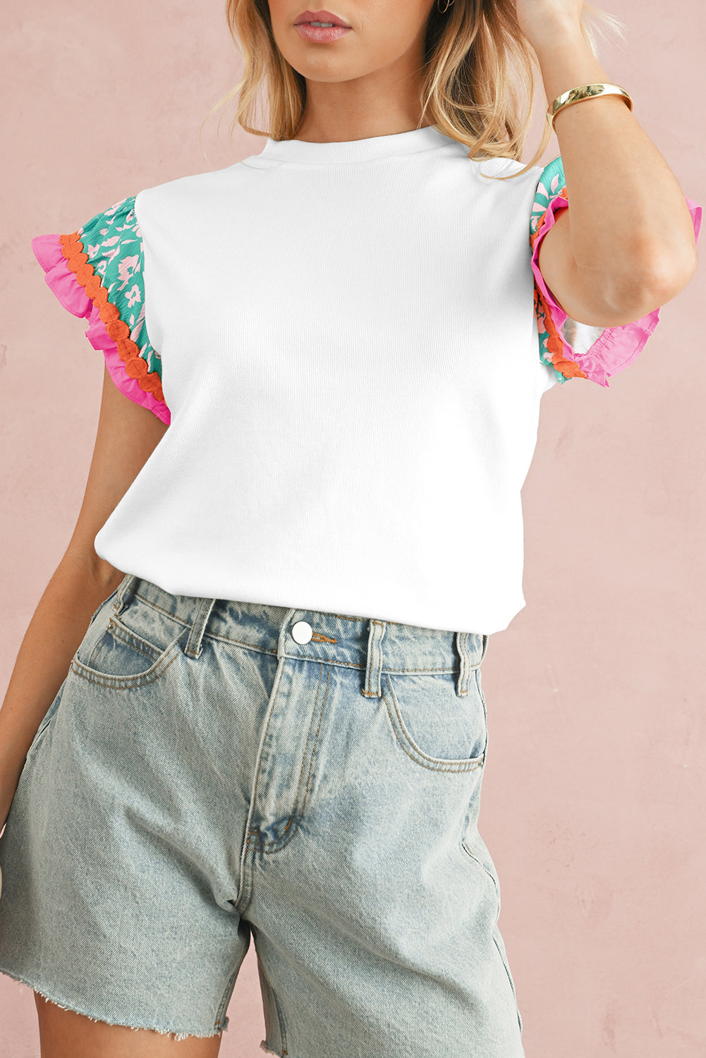 Peach Blossom Ricrac Applique Floral Sleeve Textured Blouse