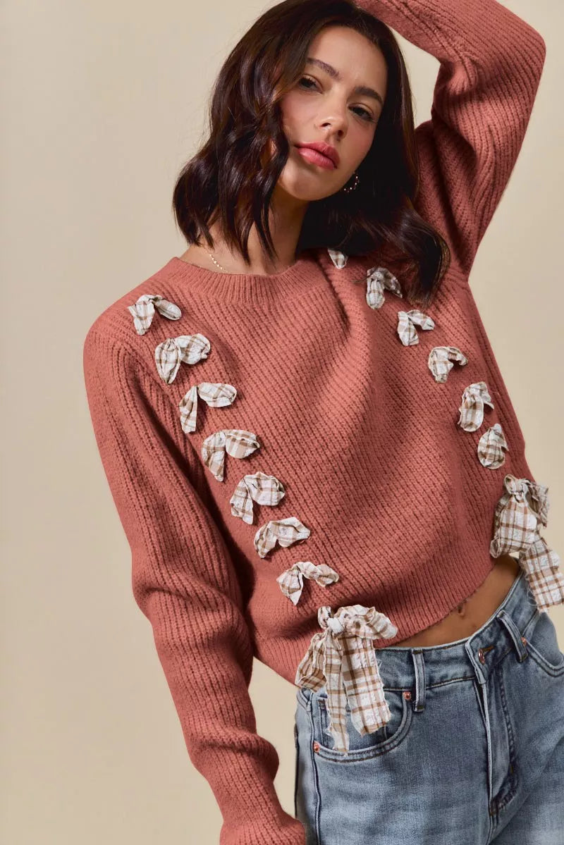 Checkered Plaid Tape Lace Up Ribbed Sweater