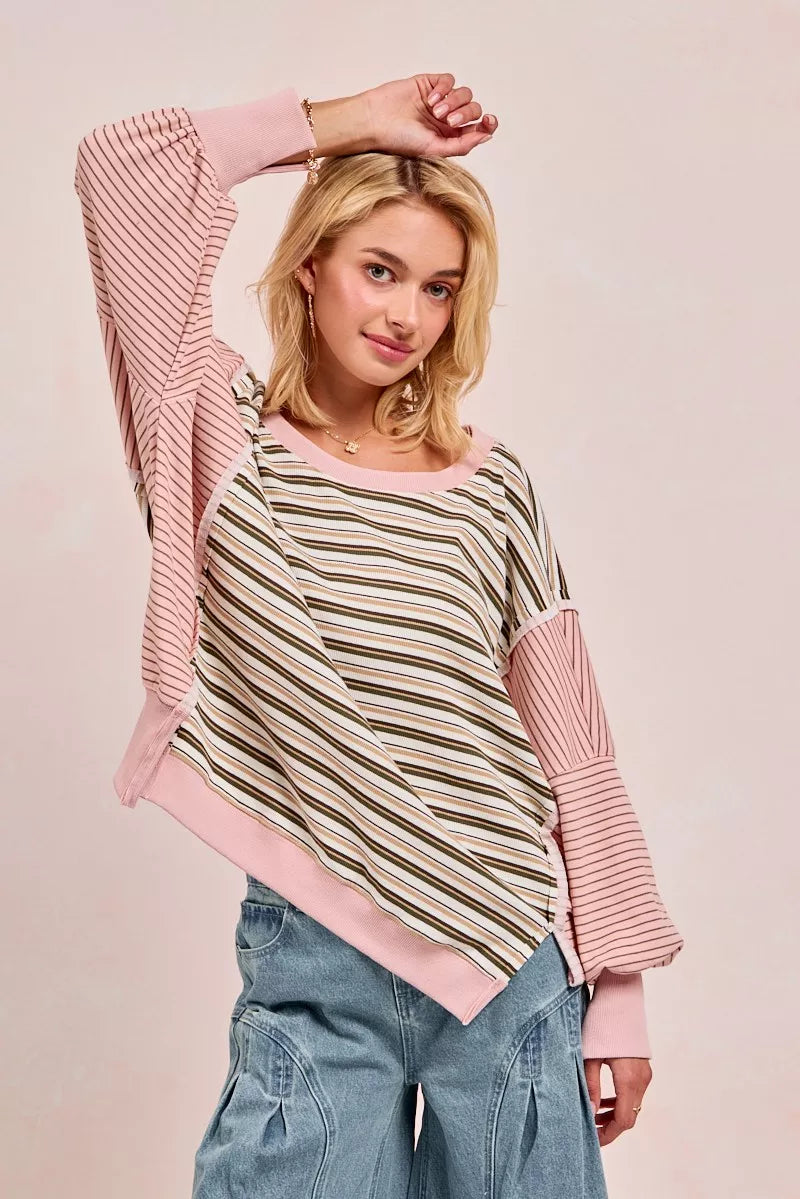 Stripe Mixed Top With Cut Edge And Reverse Outseam