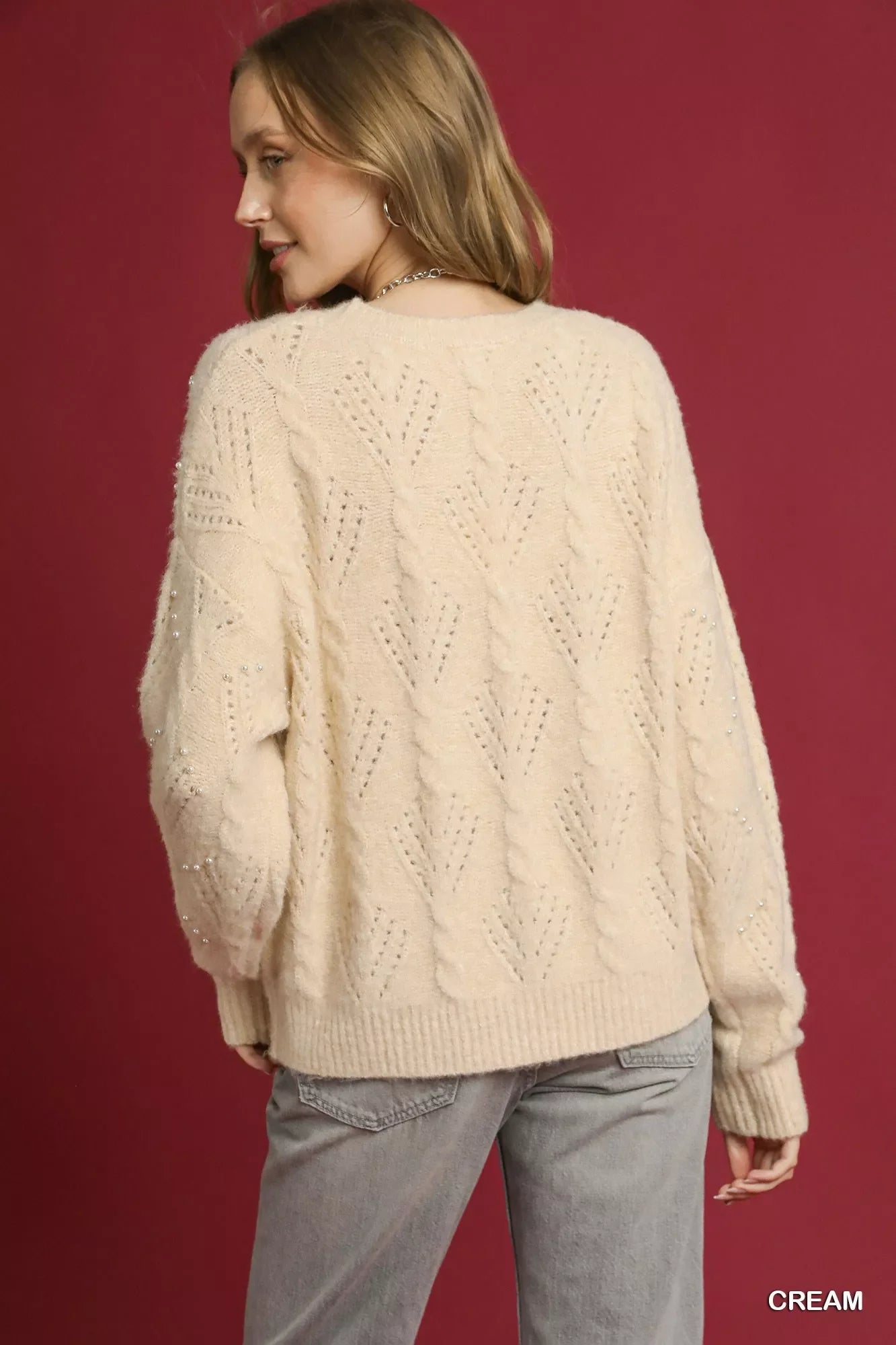Pearl-Embellished Long Sleeve Sweater