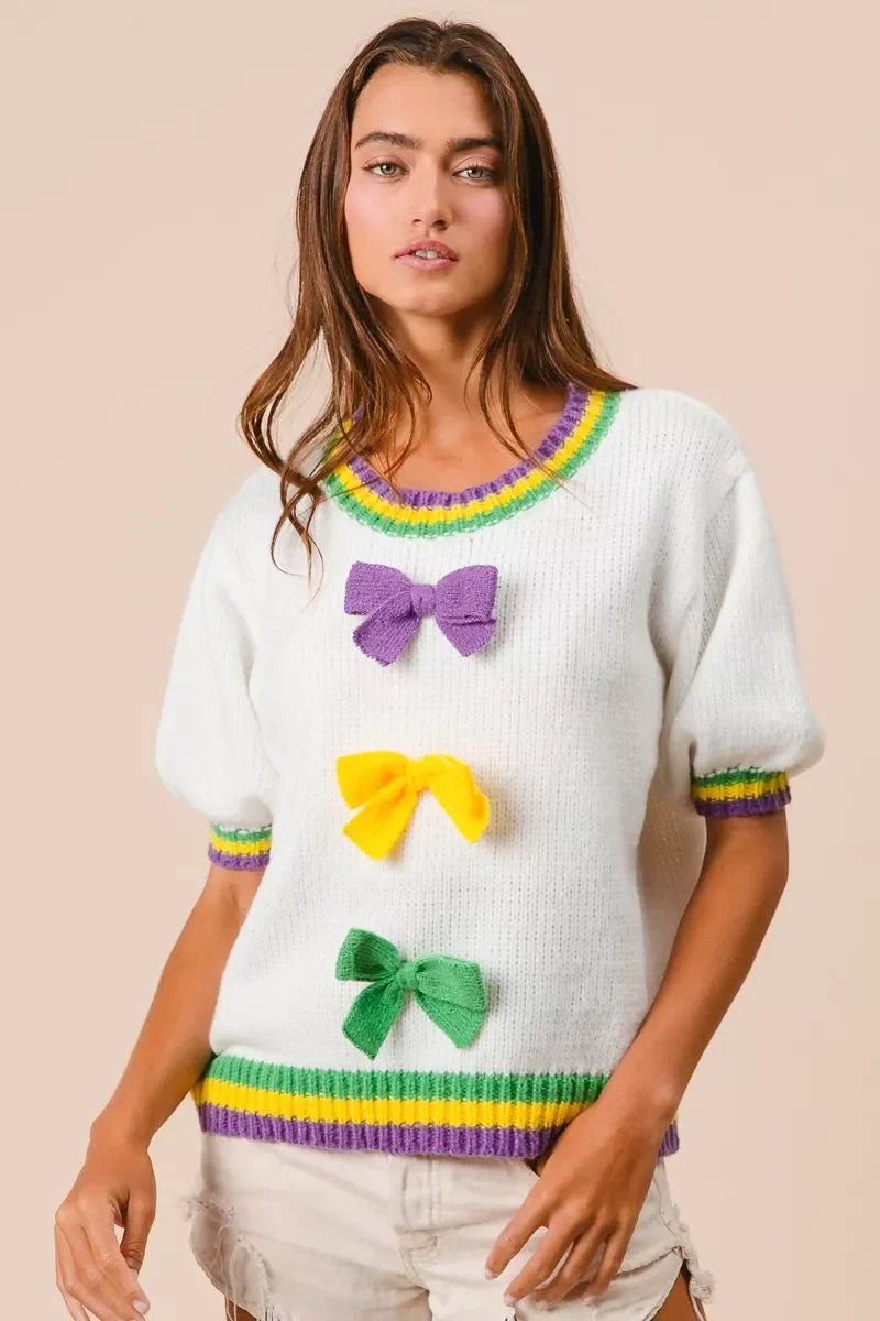 Short Puff Sleeve Ribbon Bow Mardi Gras Sweater
