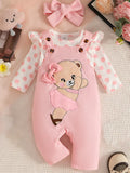 Children's 3-Piece Cute Bear Applique Overalls and Bodysuit Set with Headband