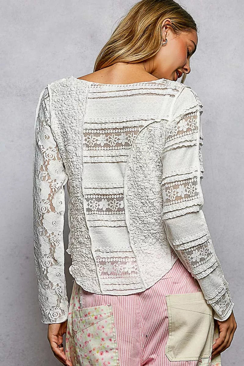 Round Neck Long Sleeve Exposed Seam Top with Lace Detail