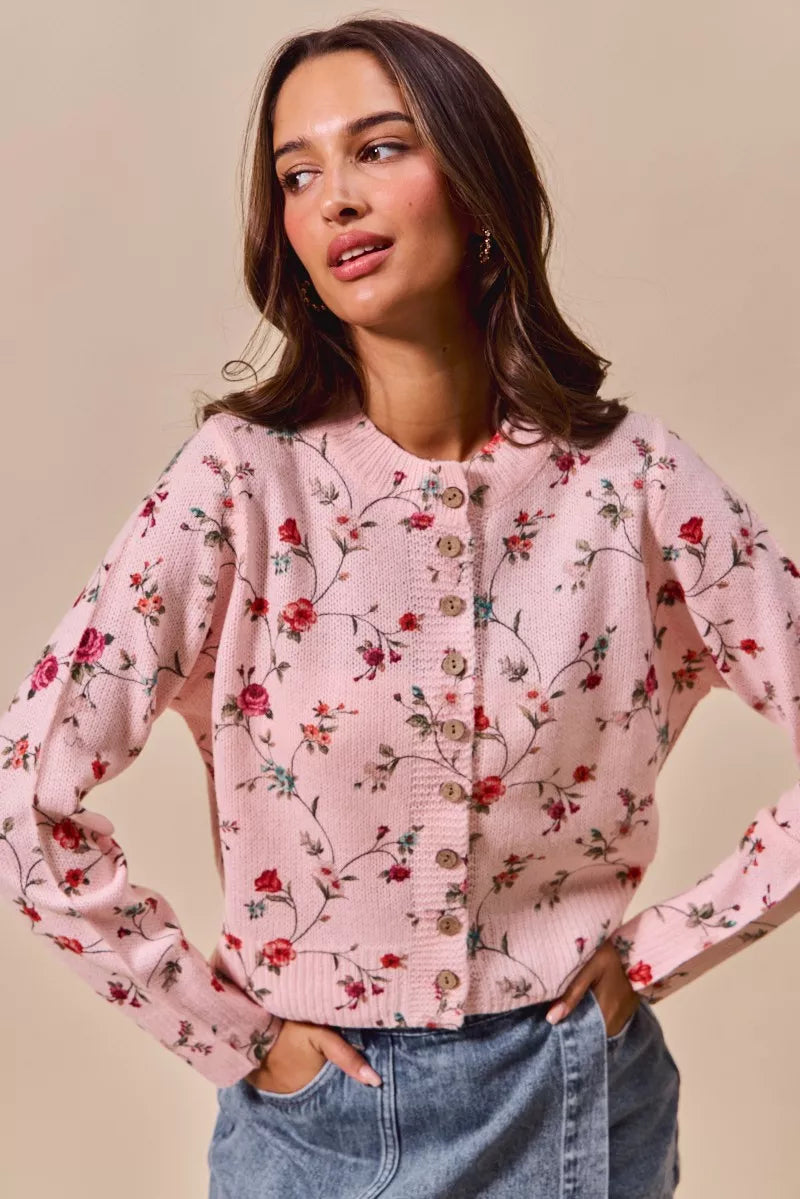 Floral Print Button Front Sweater Cardigan Top