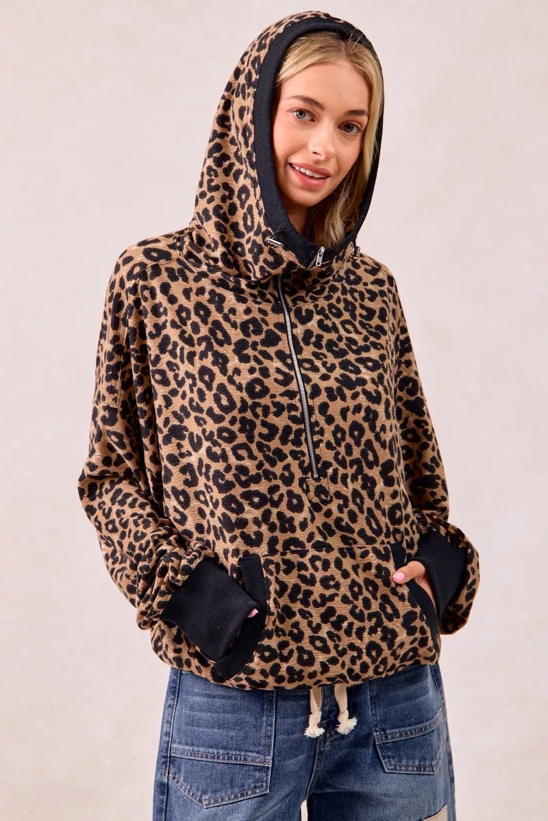 Leopard Print Waffle Half Zip Up Hoodie W Pocket