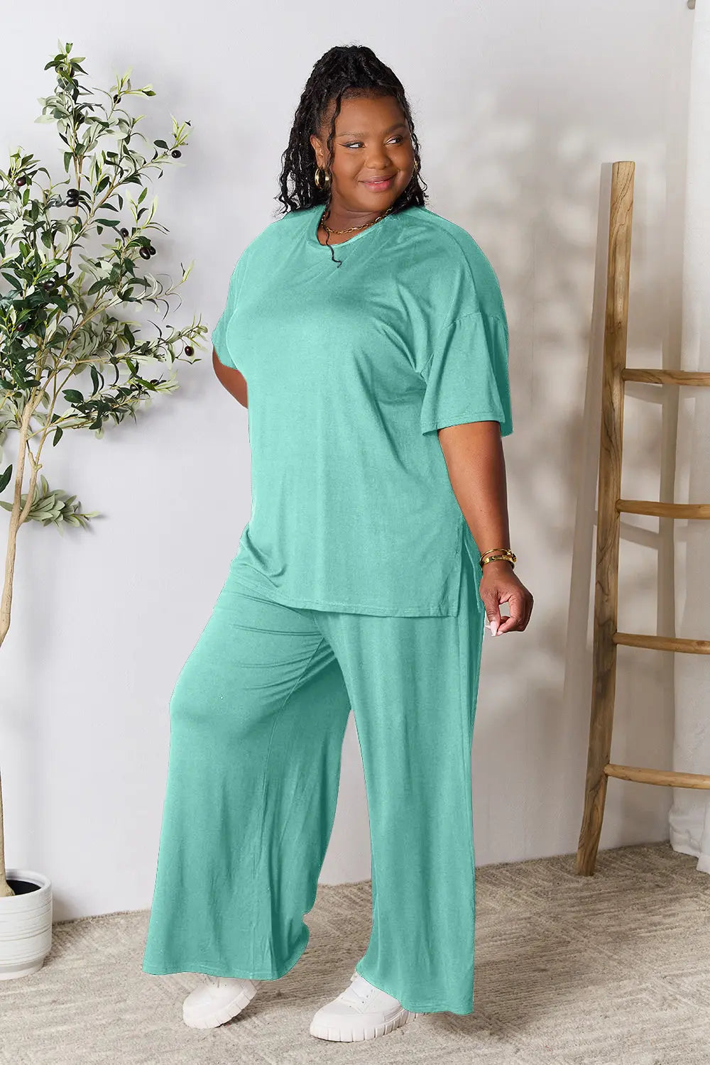 I am a Fashion Junky Full Size Round Neck Slit Top and Pants Set