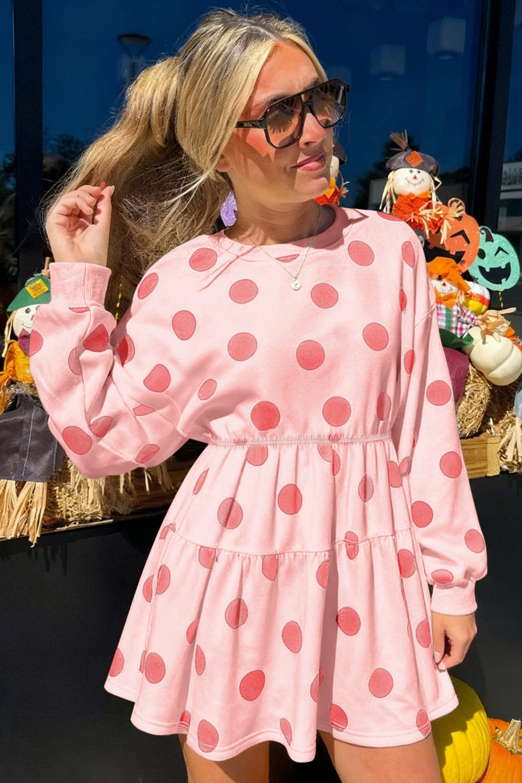 Pink Polka Dot Printed Long Sleeve Flared Mini Dress