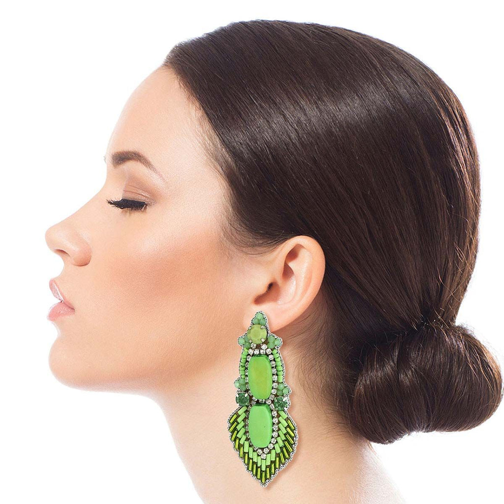 Embroidered Statement Earrings with Green Beads and Stones