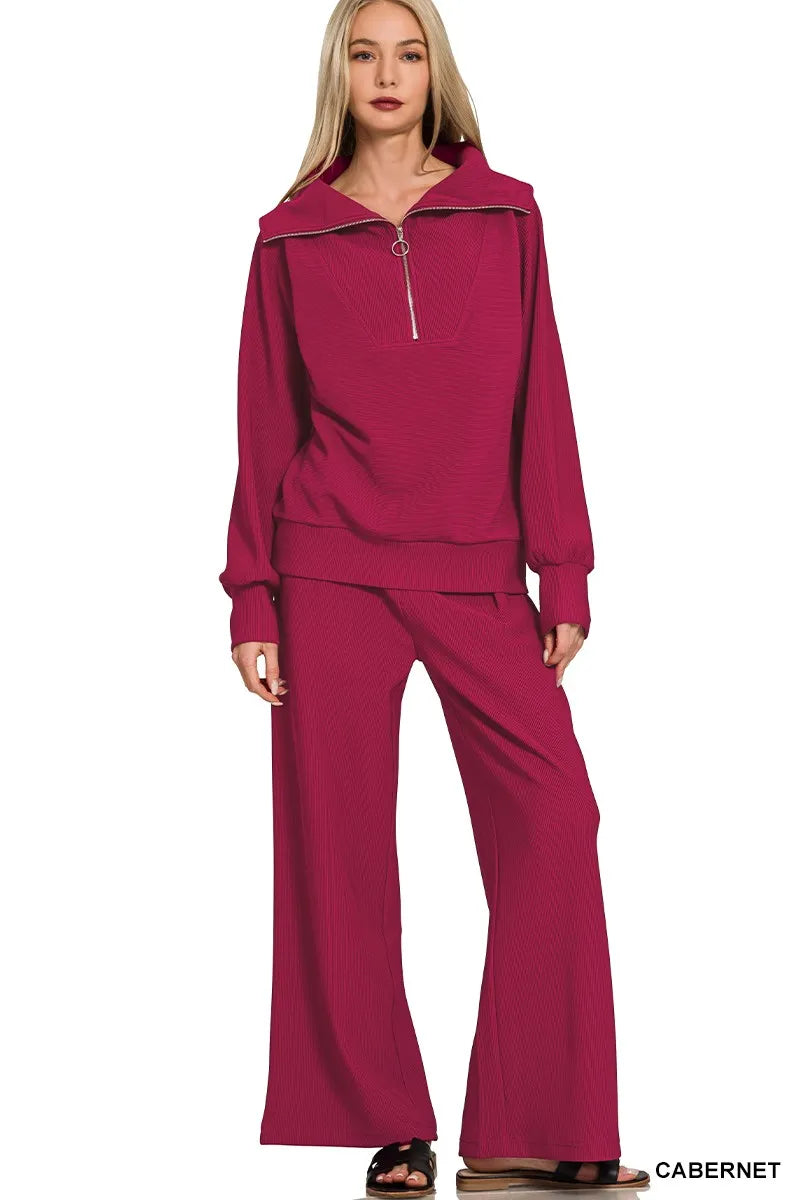 Ribbed High Neck Half Zip Pullover & Pants Set
