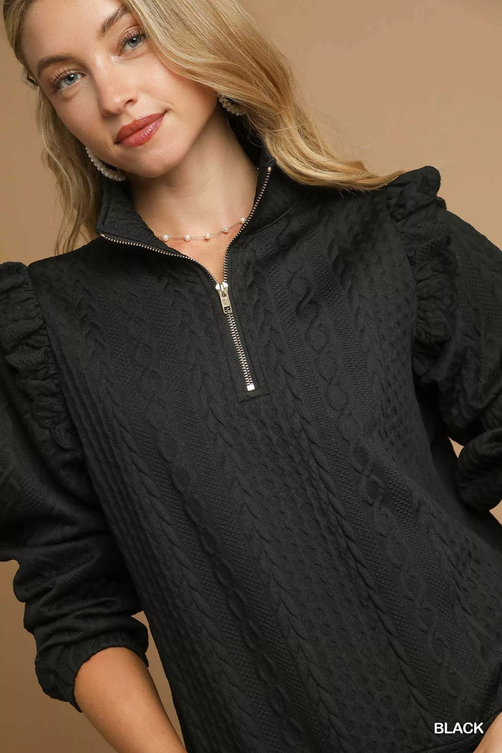 Cable Knit Textured Pullover with Ruffle Shoulders