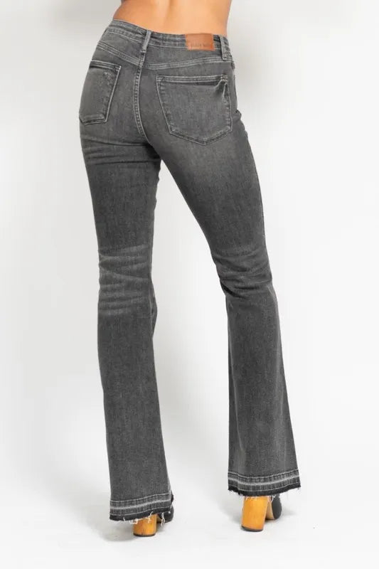 Full Size Mid Rise Tummy Control Washed Gray Release Hem Flare Jeans Plus Size