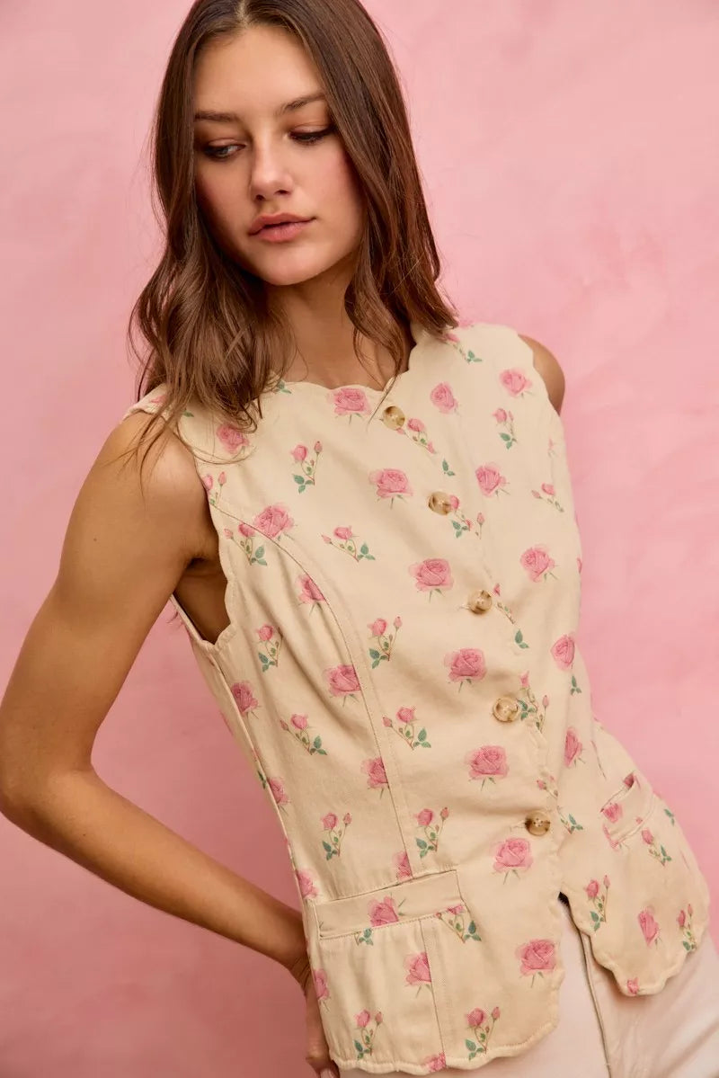 Floral Rose Cotton Twill Scallop Button Vest Top
