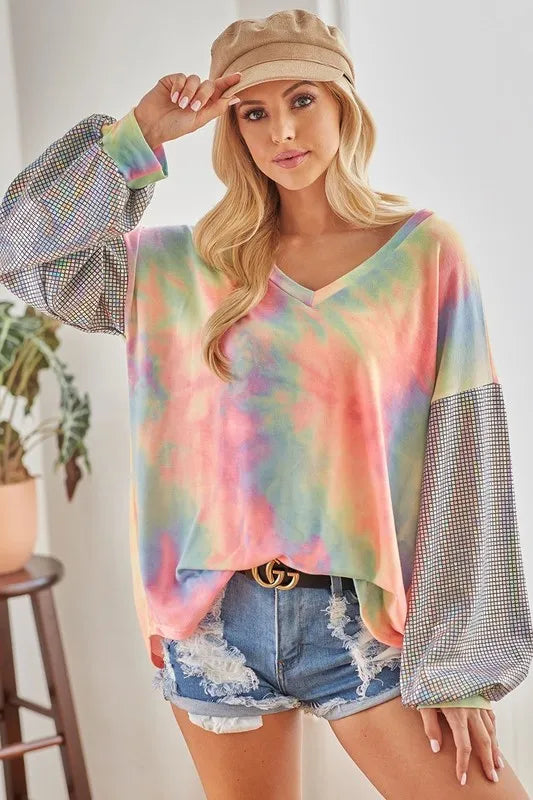 V Neck Tie Dye French Terry Top with Shiny