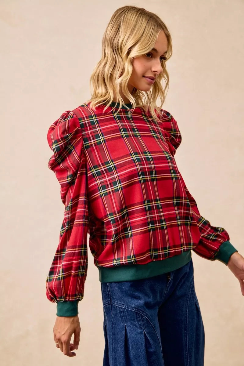 Christmas Plaid Exaggerated Shoulder Sleeves Top