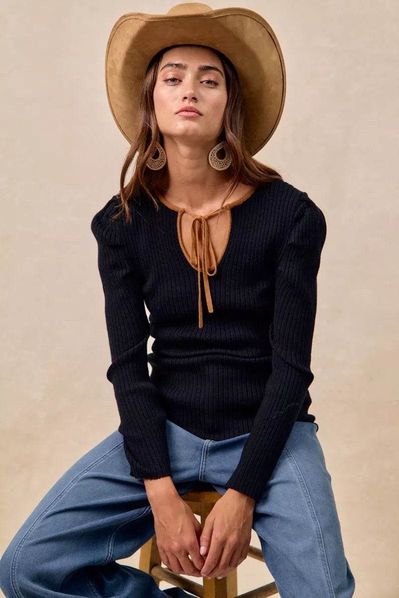 Ribbed Contrast Front Tied Top with Shrried