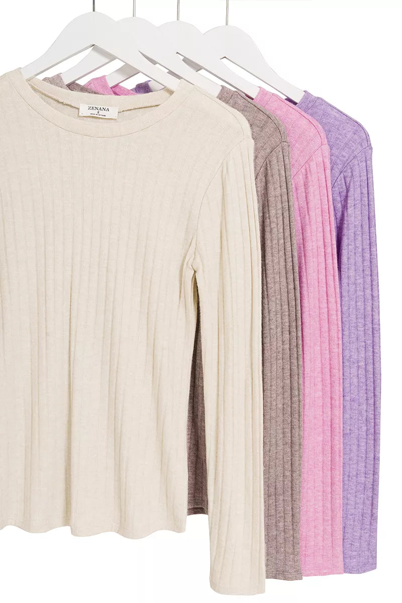 Ribbed Long Sleeve Round Neck T-Shirt