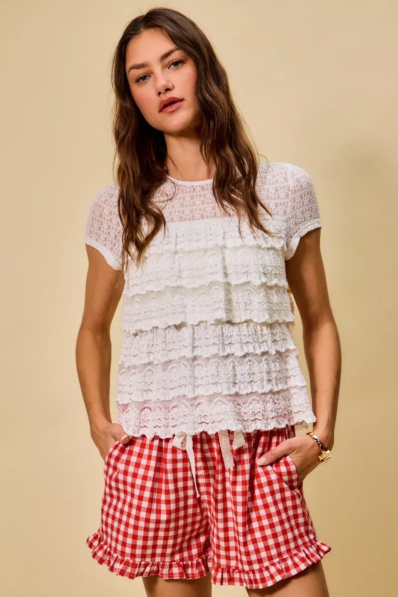 Ruffle Tiered Stretch Lace Short Sleeves Knit Top