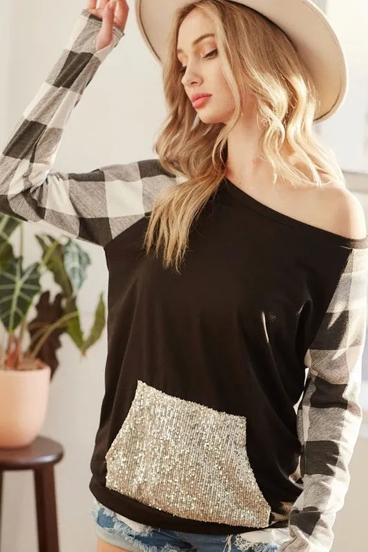 French Terry Top with Sequins Kangaroo Pocket