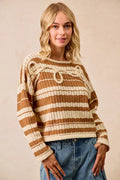 Striped Open Knit Sweater Top with Front Braided Detail