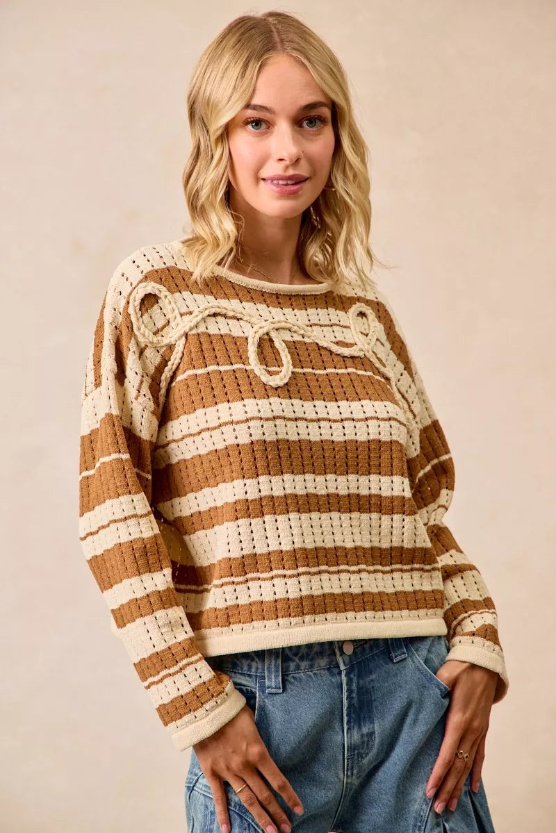 Striped Open Knit Sweater Top with Front Braided Detail