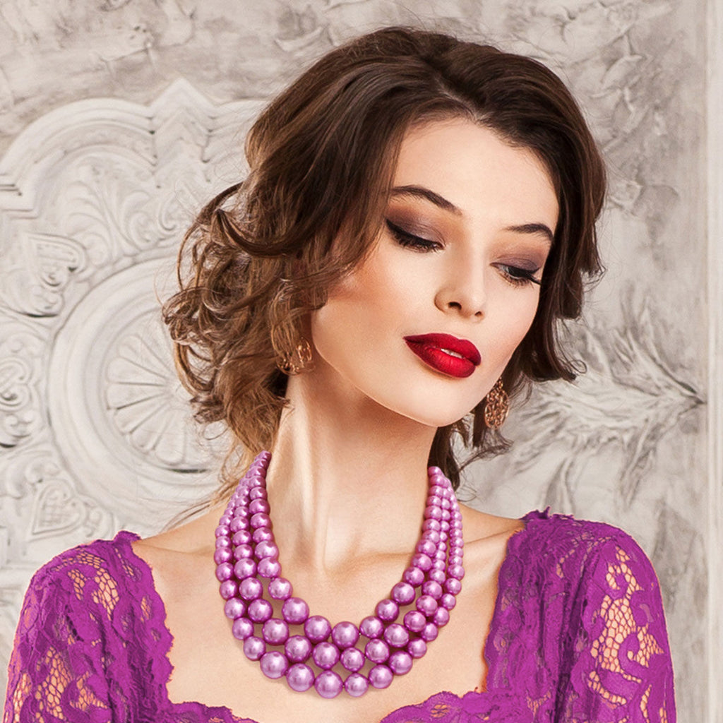 Layered Light Purple Pearl Necklace Set – Stylish 3-Layer Statement Jewelry
