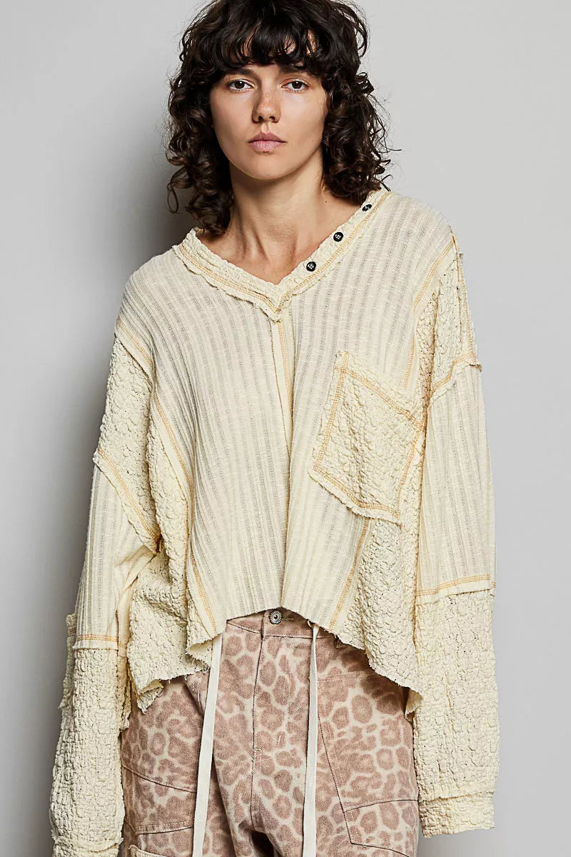 V-Neck Long Sleeve Top with Stitch Detail