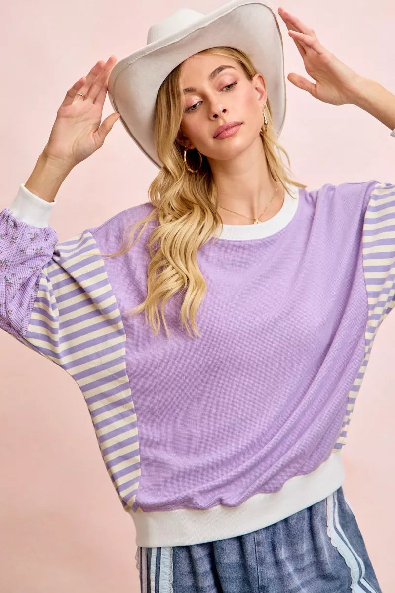 Mix and Match Sweatshirt with Floral Sleeve Striped